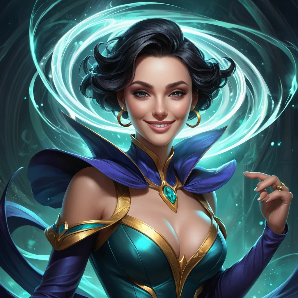 A dramatic rendering of LeBlanc, the Magical Mimic, with a mischievous grin and a swirling vortex of magic