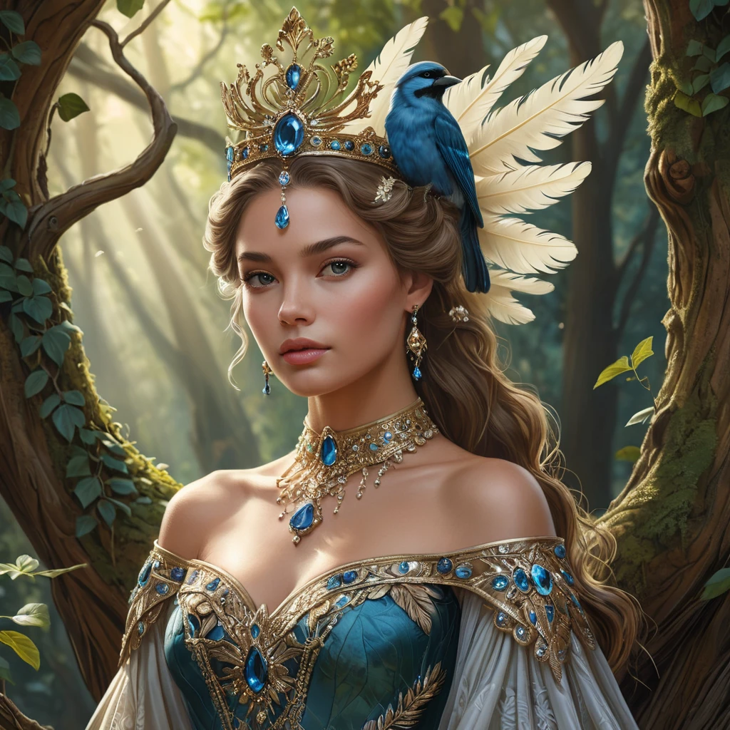 A queen with a crown of feathers, her dress a tapestry of bird songs, ruling from a treehouse high in the branches of a forest that stretches to the horizon.