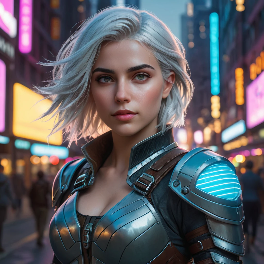 Ciri in a bustling, futuristic cityscape at dusk, neon lights reflecting off her armor, her face illuminated by the glow of a digital map floating in front of her