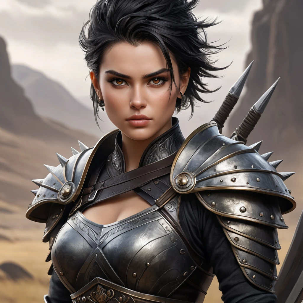 A fierce and beautiful warrior, inspired by the Nilfgaardian army, with short, spiky black hair and piercing brown eyes, standing in a battle-ready pose