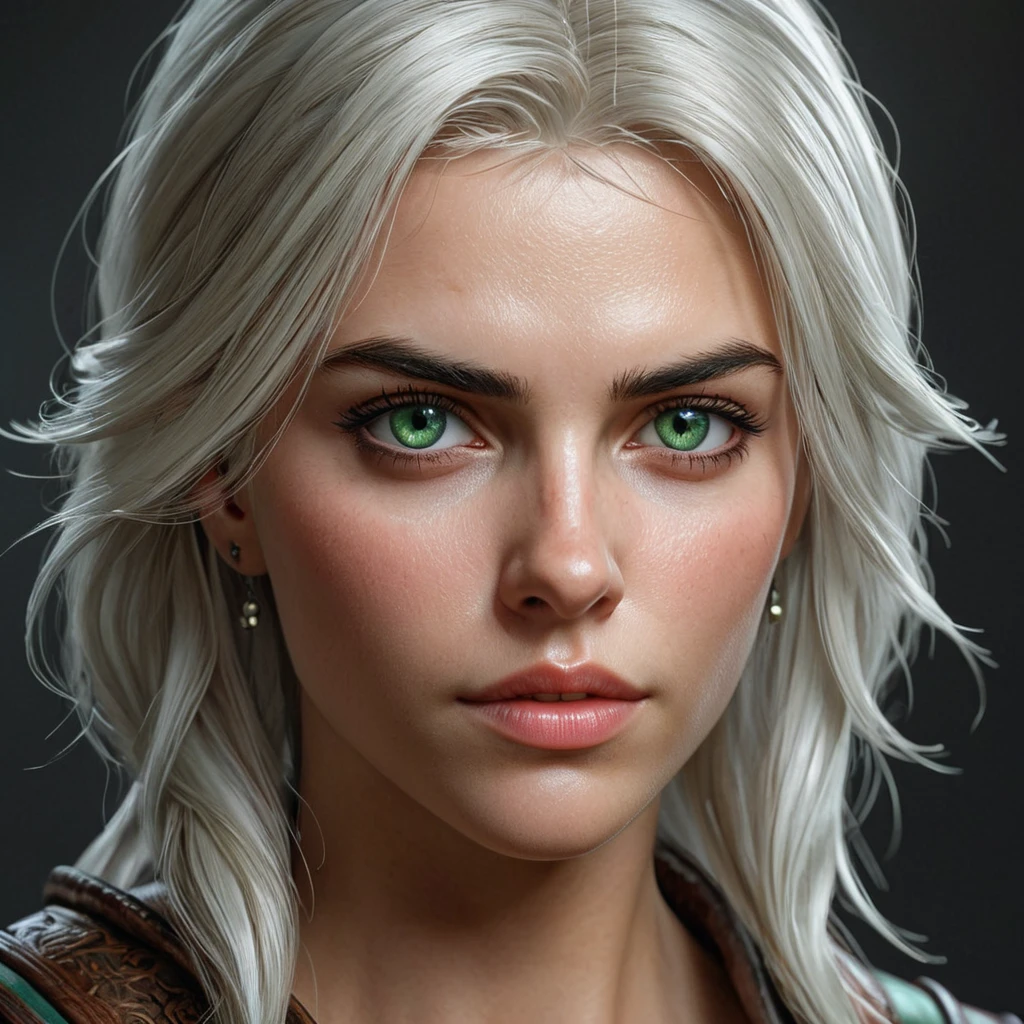 A stunning portrait of Ciri from The Witcher 3, her piercing green eyes and fierce expression commanding attention. Detailed, hyperrealistic, cinematic lighting.