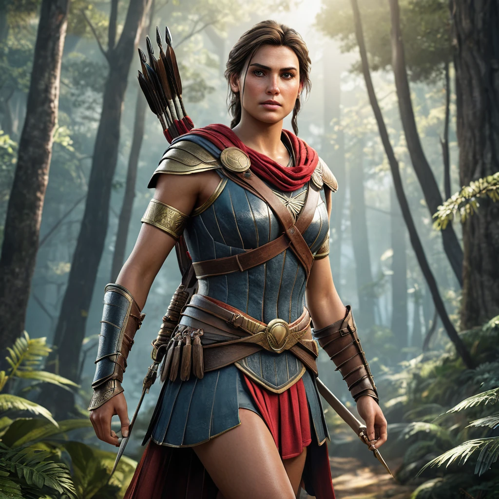 A cinematic shot of Kassandra from Assassin's Creed Odyssey, emerging from a dense forest with a determined look, her armor slightly weathered, and her weapons ready for combat, showcasing the wilderness around her.