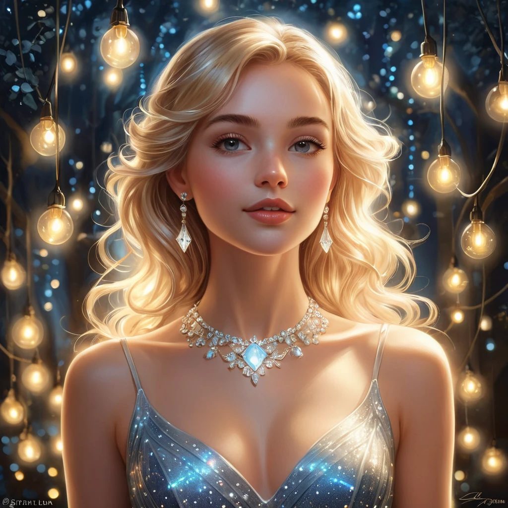 A whimsical depiction of Lux, the Lady of Luminosity, surrounded by sparkling lights and a soft glow