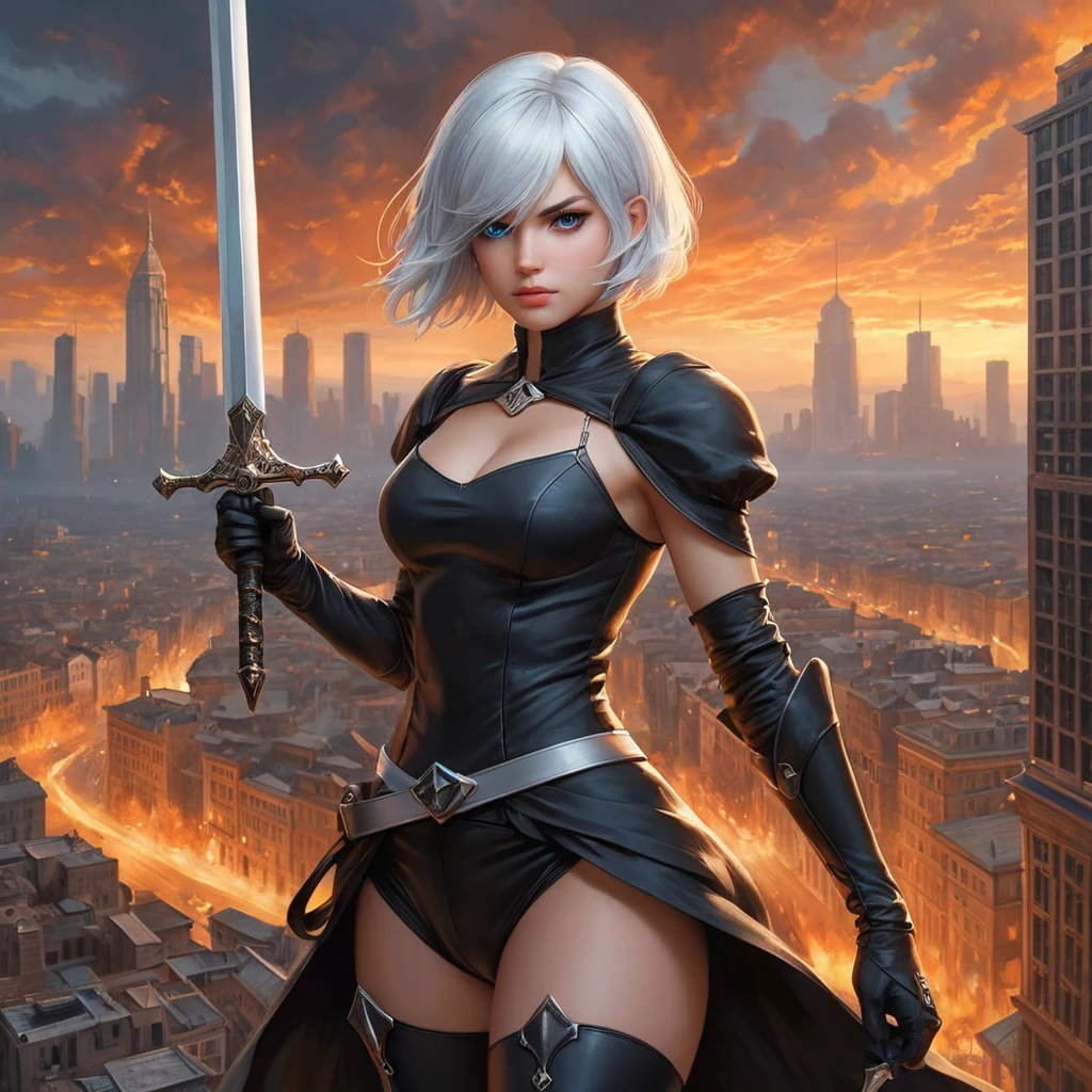 2B with a fierce gaze, standing in front of a burning cityscape with a sword raised high