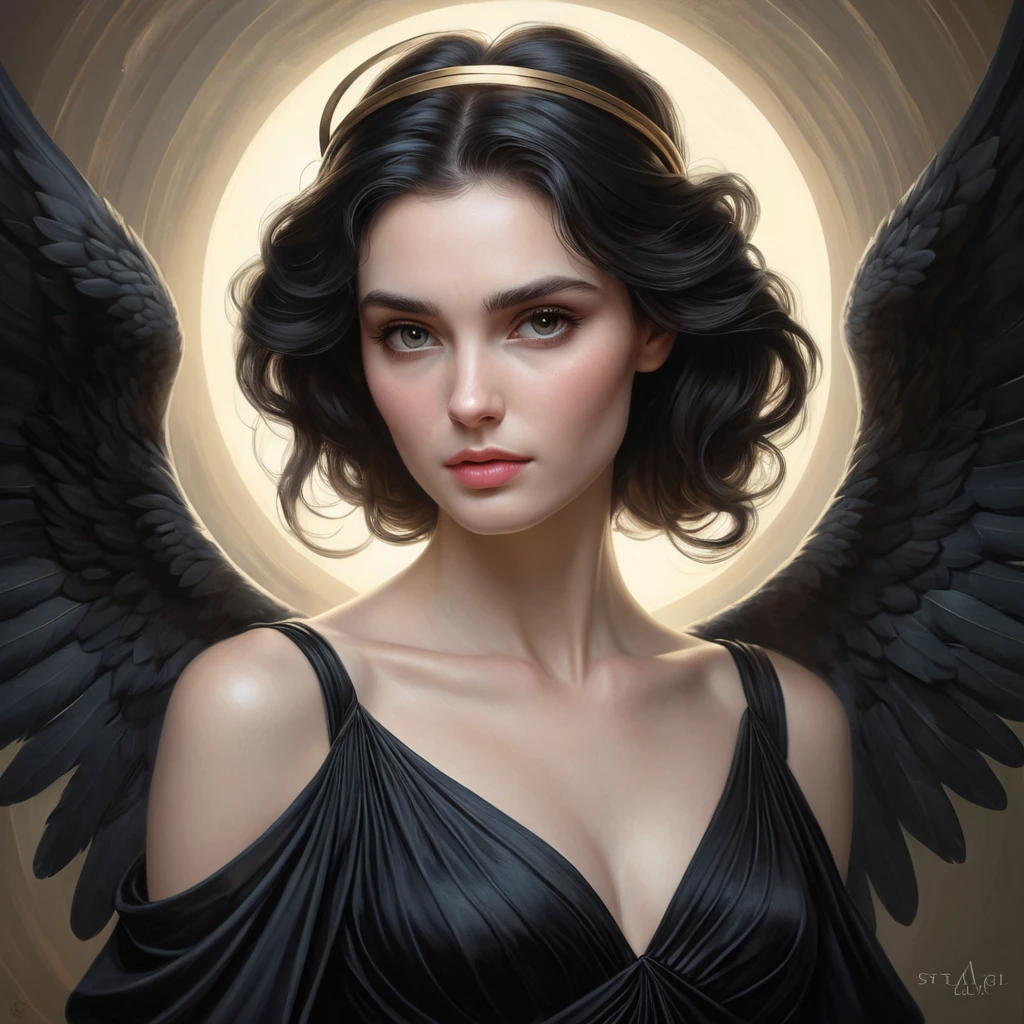 A romantic and dreamy portrait of Morgana, the Fallen Angel, with a flowing black dress and a halo of light