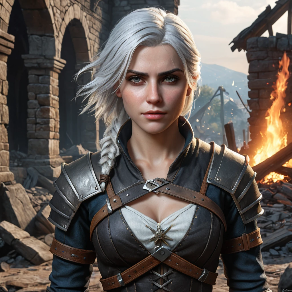 Ciri from The Witcher 3 in a dramatic scene, standing in the ruins of a burning village, her face hardened with resolve, with embers and ashes floating around her.