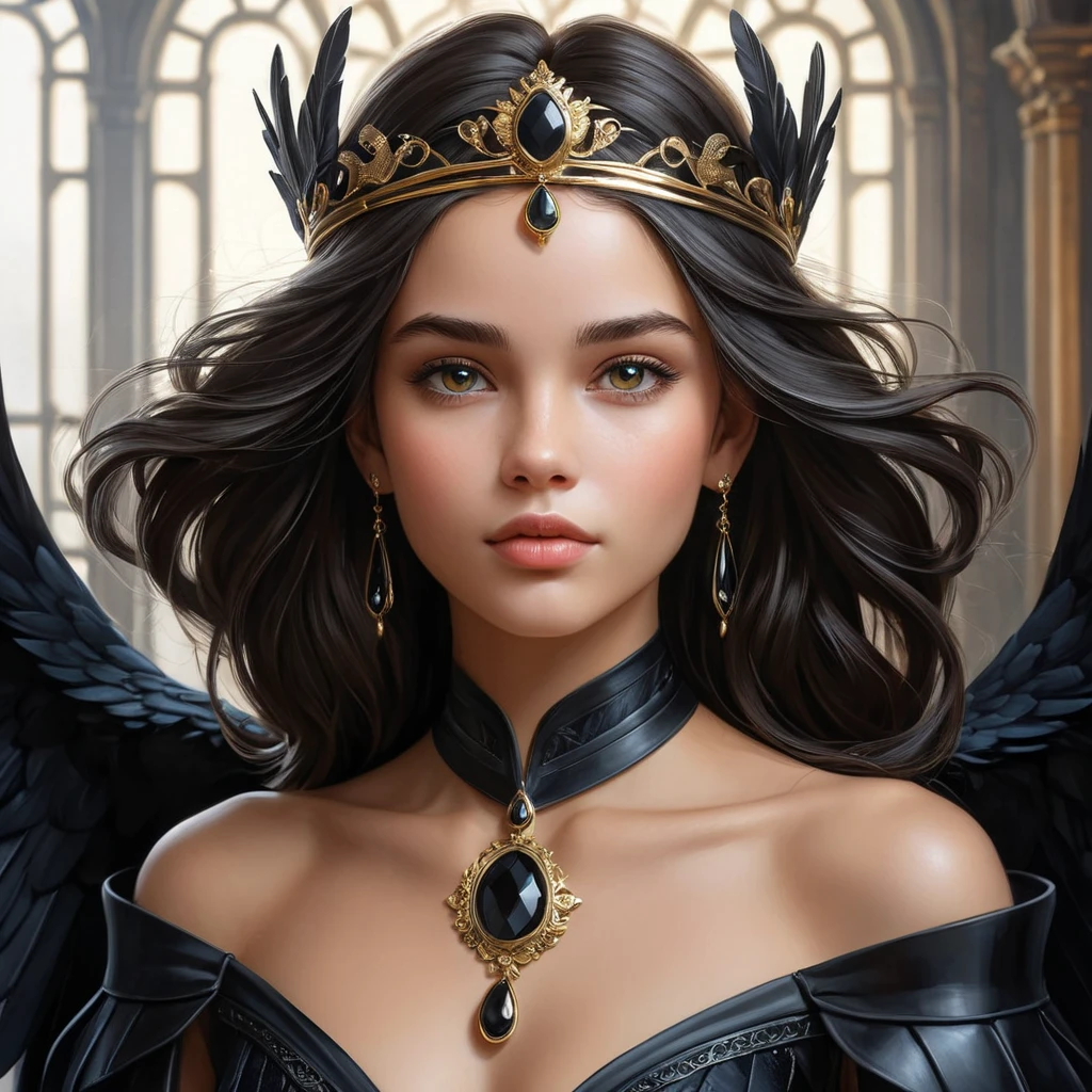 A young princess with hair the color of a raven's wing, her delicate features framed by a circlet of gleaming onyx, her expression a blend of intelligence and grace as she surveys her kingdom with a keen eye.