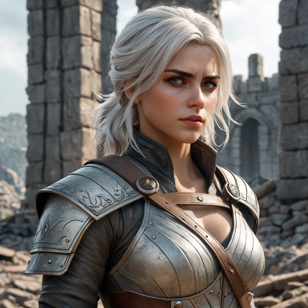 Ciri, the fierce and resilient warrior, standing tall amidst the ruins of a battlefield, her expression one of determination and strength. Gritty, realistic, and cinematic.