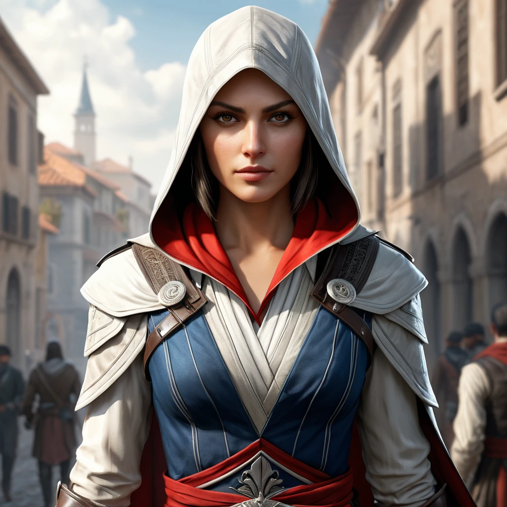 a female protagonist from the Assassin's Creed universe, with a mix of elegance and ferocity, rendered in a high-contrast, cinematic style