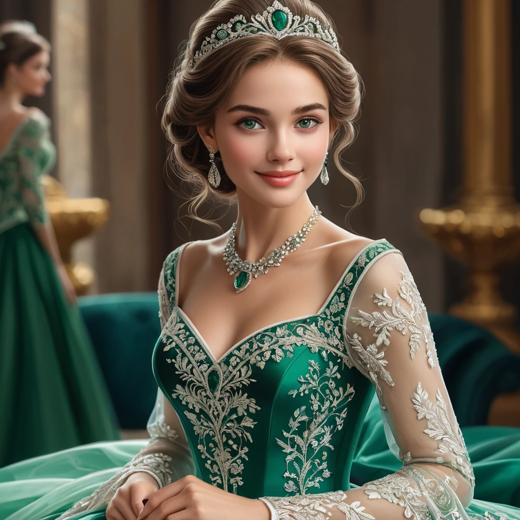 A radiant princess with skin like porcelain and eyes the color of emeralds, her gown a masterpiece of intricate embroidery and delicate lace, her gentle smile reflecting the warmth of her heart.