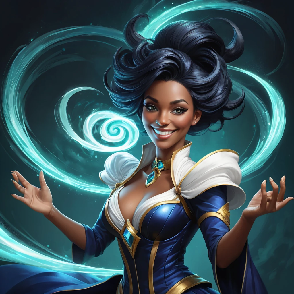 A dramatic rendering of LeBlanc, the Magical Mimic, with a mischievous grin and a swirling vortex of magic