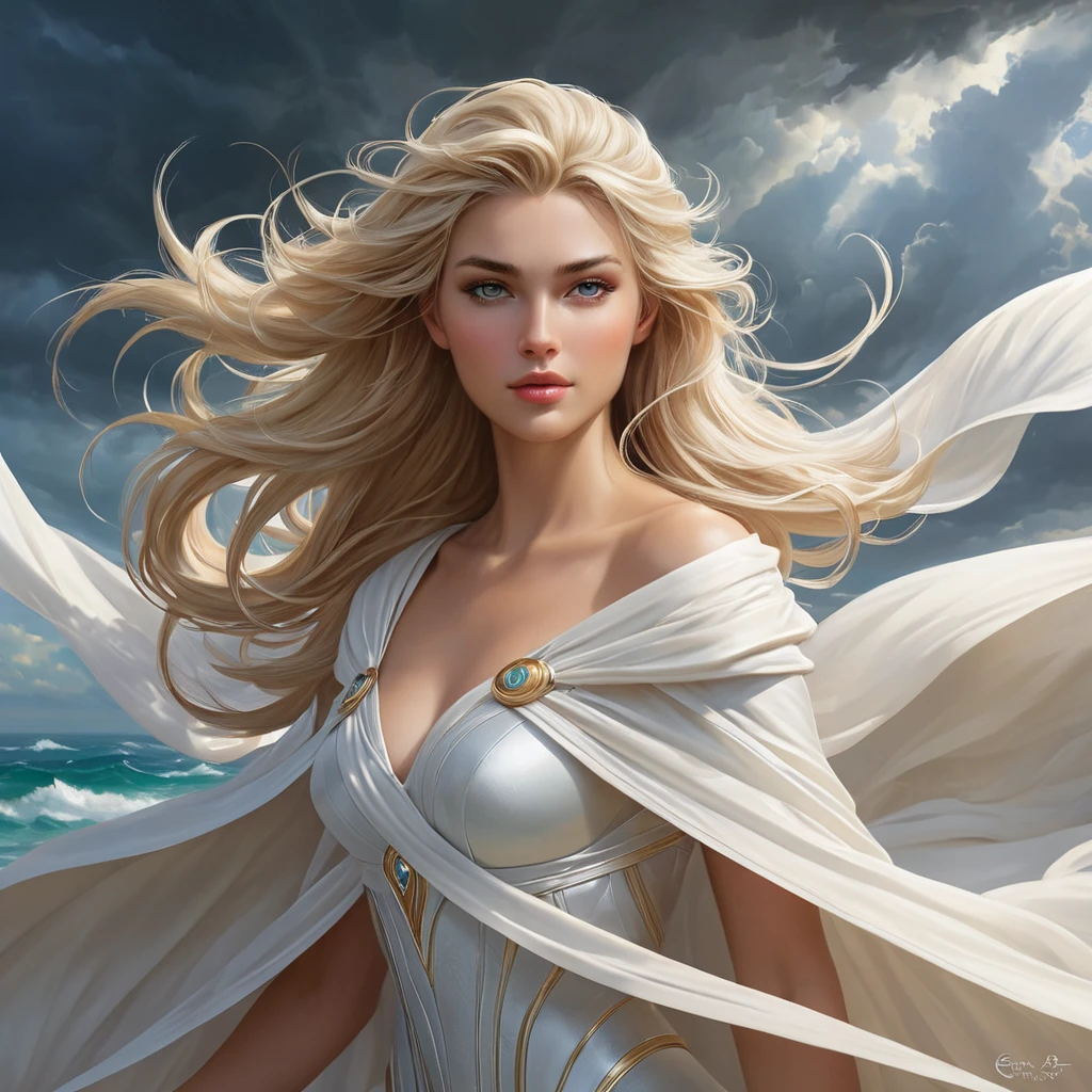 A serene and peaceful image of Janna, the Storm's Fury, with a flowing white cloak and a gentle breeze