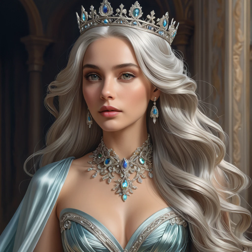 A regal queen in a flowing gown of iridescent silk, her long silver hair adorned with a crown of delicate, twisting vines, her gaze commanding respect and admiration from all who see her.