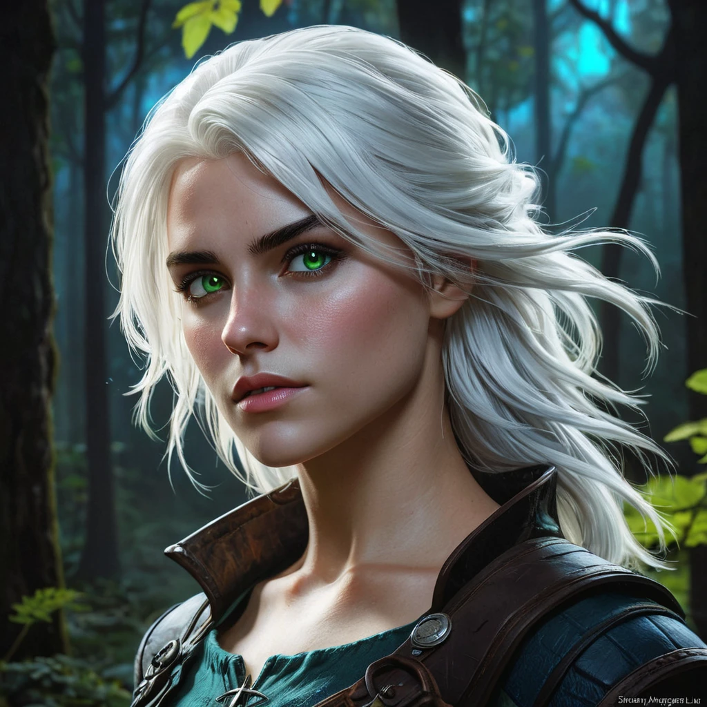 A stunningly detailed portrait of Ciri from The Witcher 3, with her white hair flowing, fierce green eyes, and her signature scar across her cheek, standing in a dark forest with mystical blue light surrounding her.