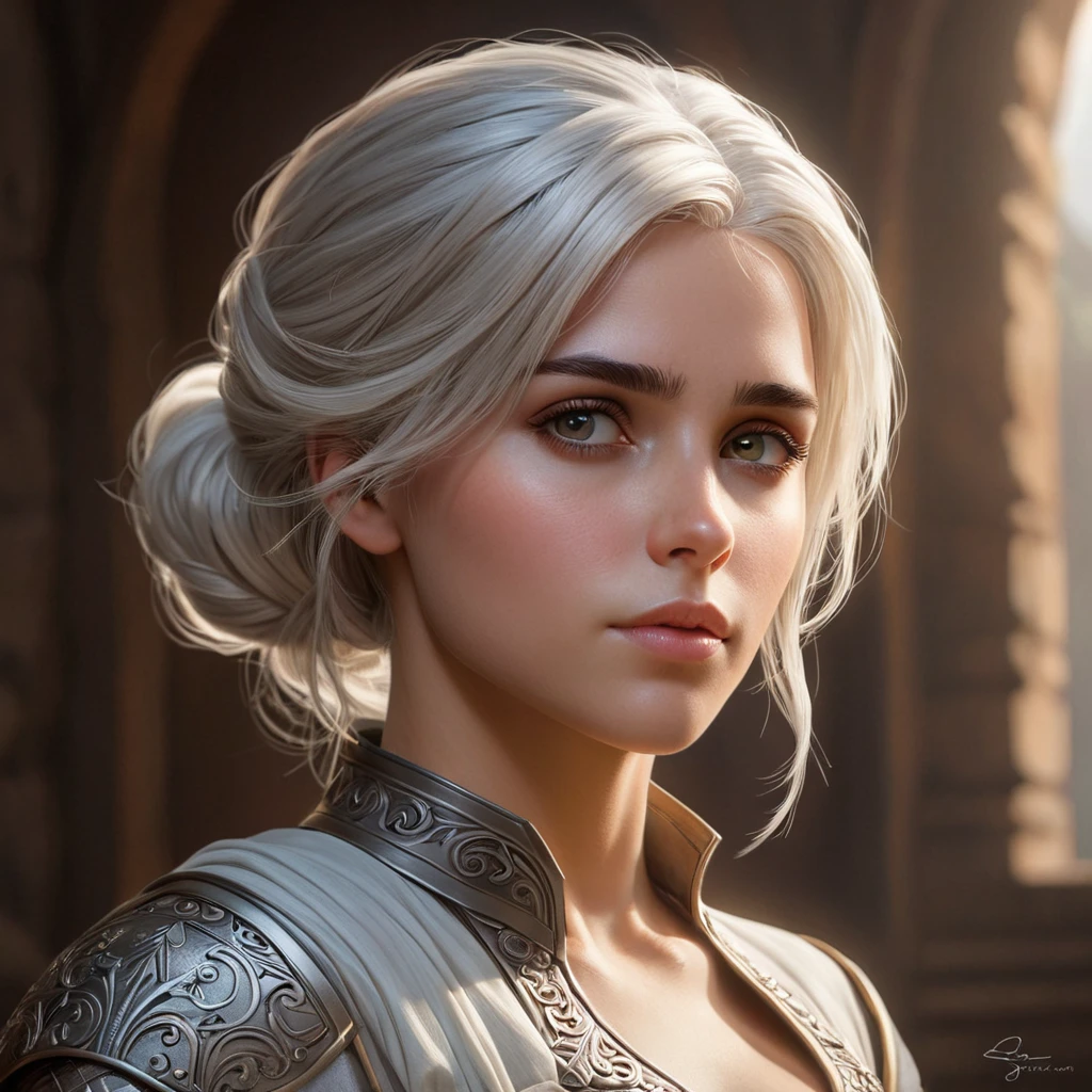 Ciri, the ashen-haired princess of Cintra, in a serene moment of contemplation. Soft, atmospheric lighting and a dreamlike quality.