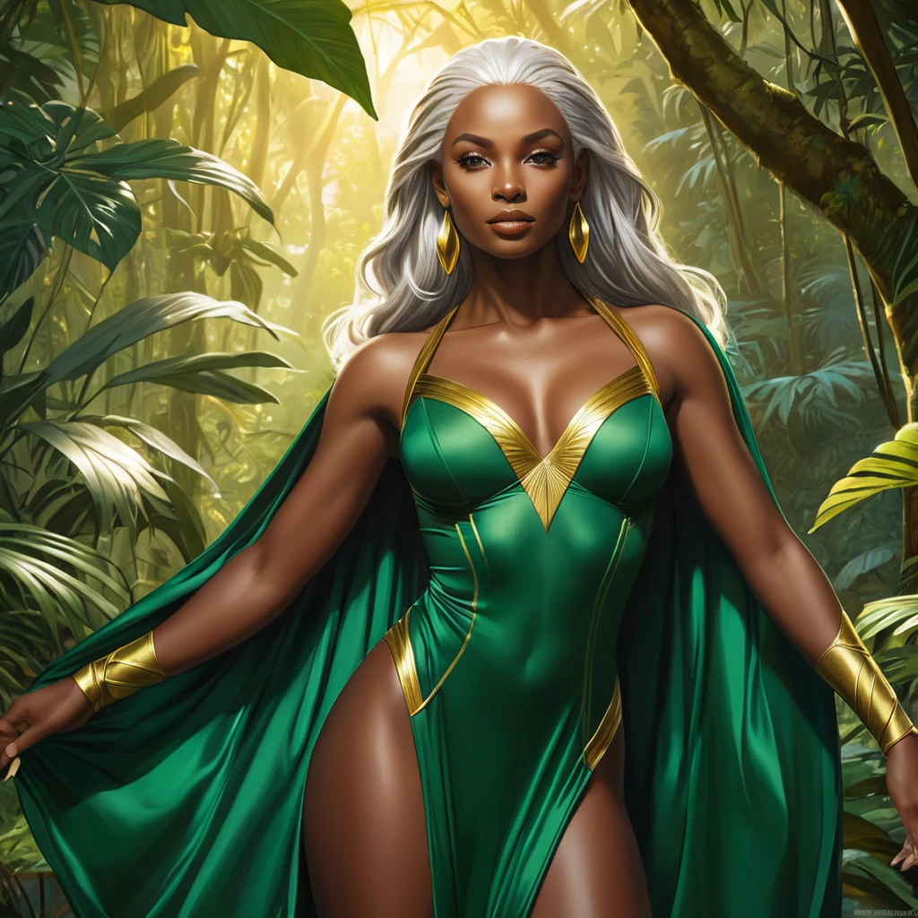 Ororo Munroe in a flowing green costume, her dark skin glowing with a warm golden light, standing in a lush jungle