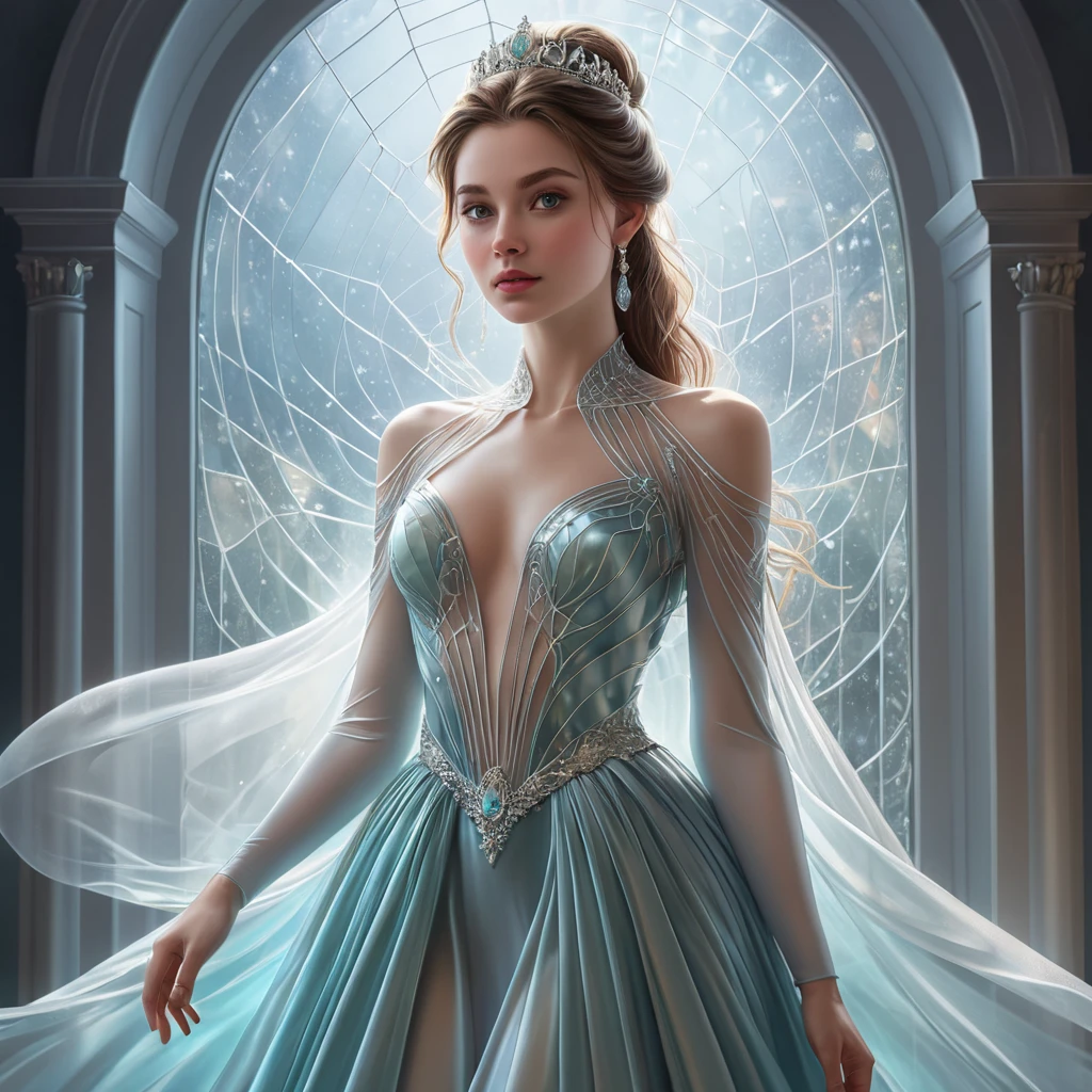 A princess with skin as pale as the moon, wearing a gown of spider silk, standing in a chamber of frosted glass where the light refracts into a thousand colors.