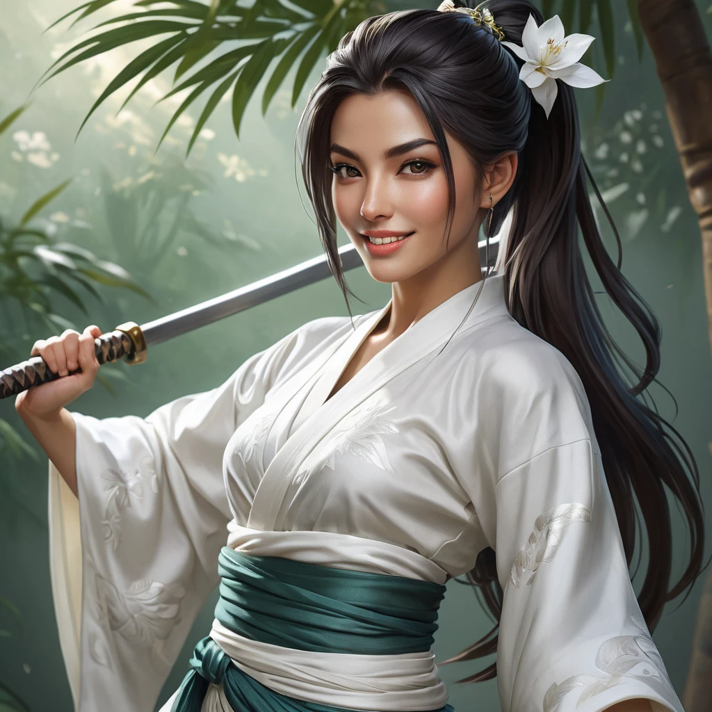 A beautiful and ethereal image of Akali, the Rogue Assassin, with a flowing white kimono and a subtle smile