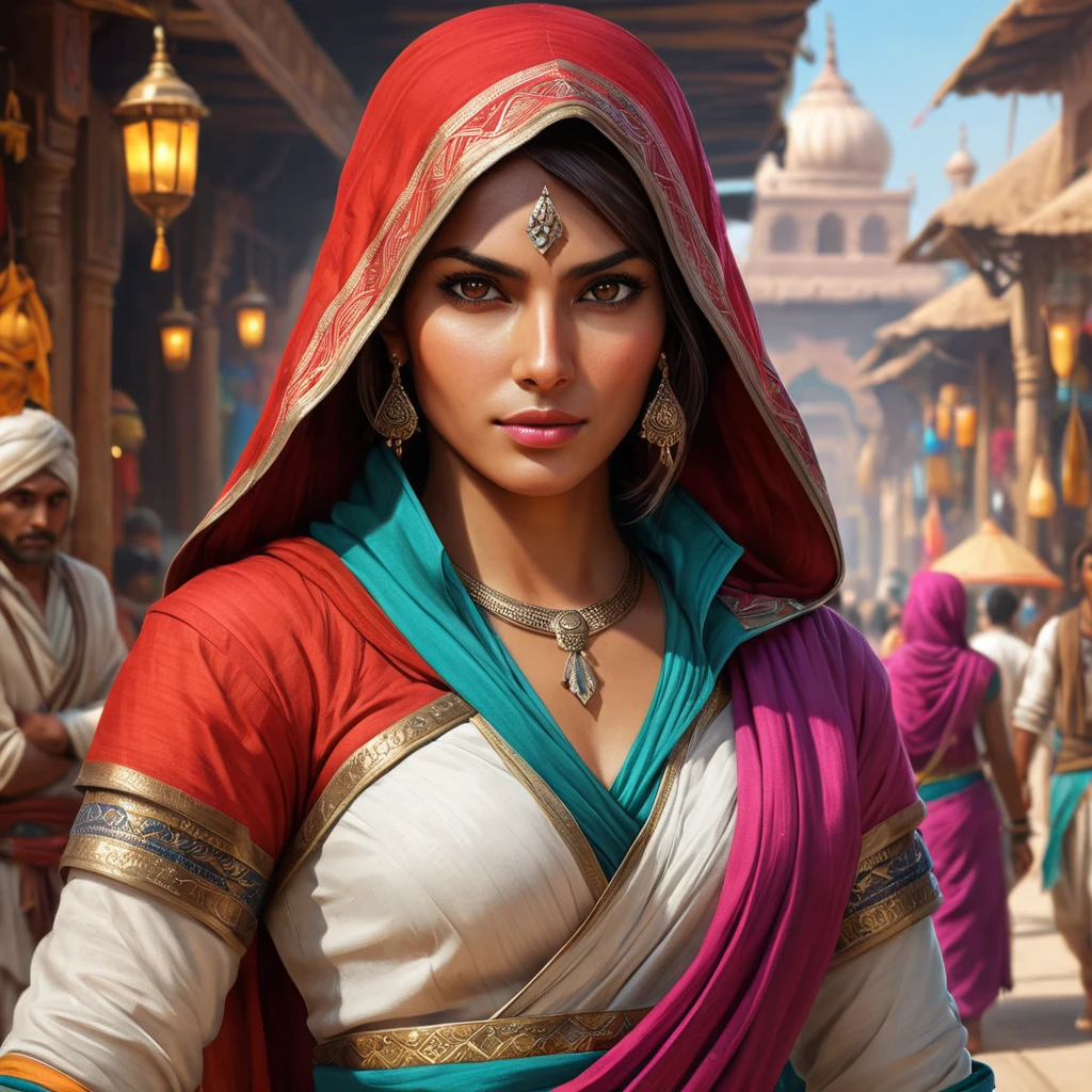 Create an image of a beautiful Assassin's Creed character in a vibrant Indian market, her clothing a colorful mix of traditional saris and hidden assassin tools, with a backdrop of bustling stalls and exotic animals.