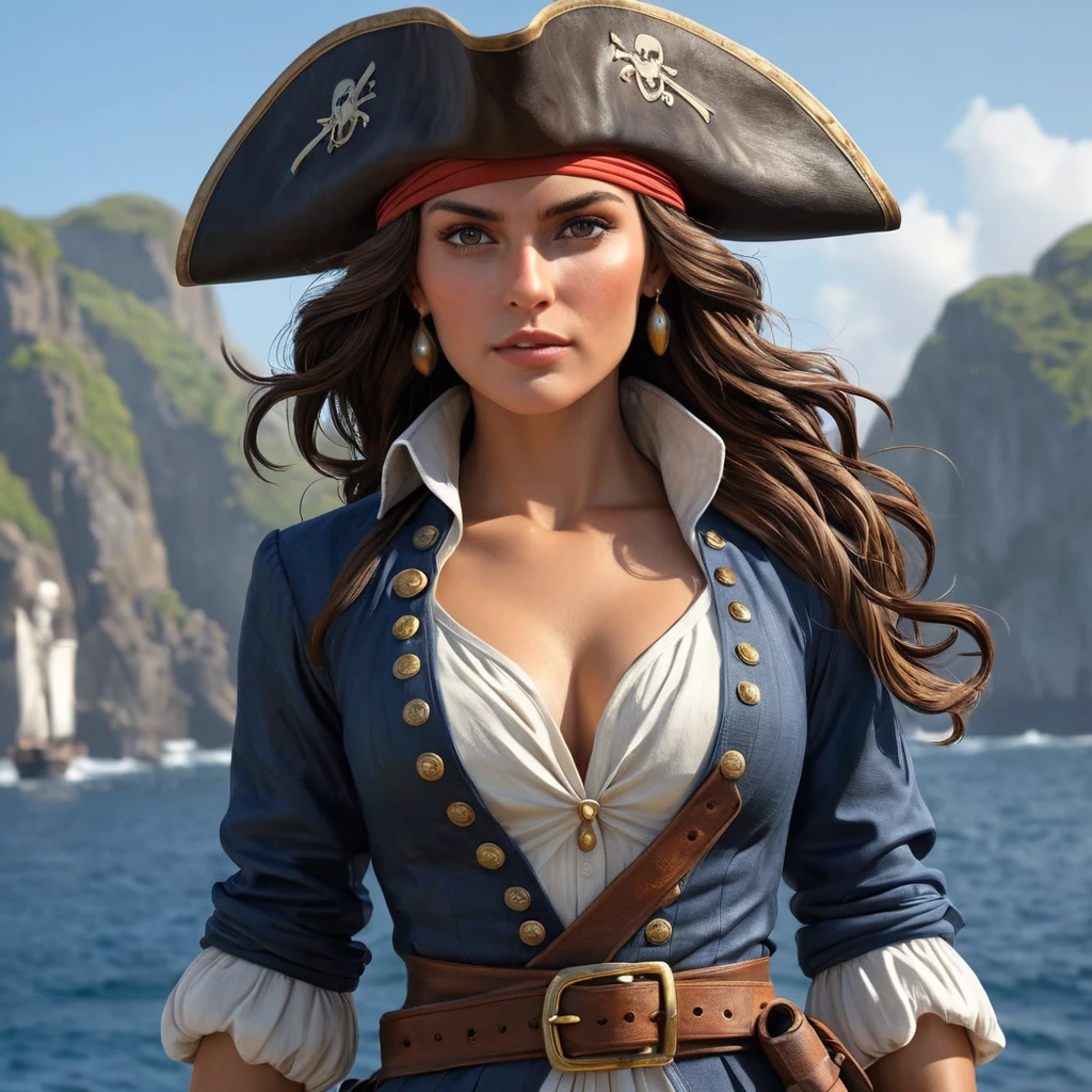 Mary Read, the female Assassin from the Golden Age, with a pirate's outfit and a trusty cutlass