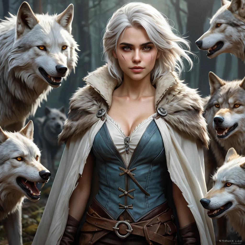 Ciri, the wildling, with a feral look and a torn and tattered cloak, surrounded by wolves