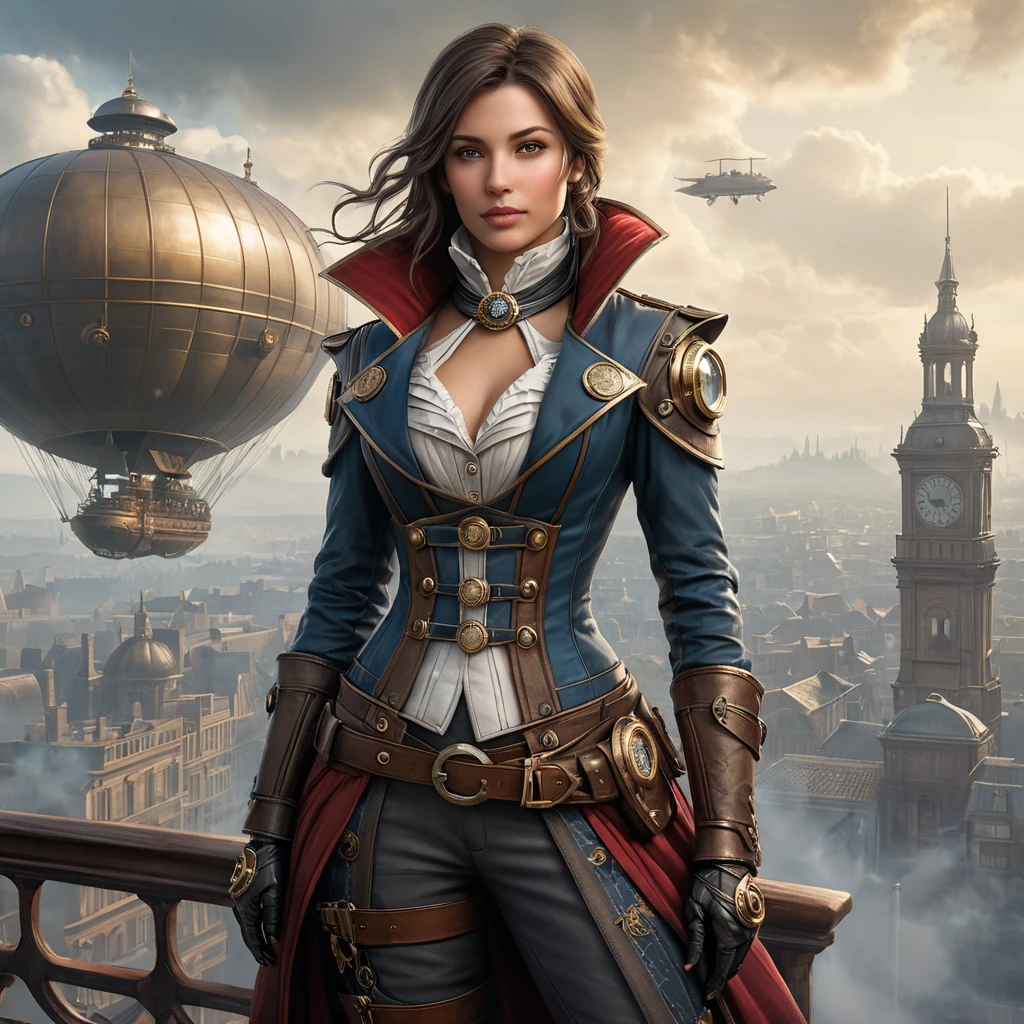 Imagine a beautiful Assassin's Creed character in a steampunk world, her clothing a blend of Victorian elegance and mechanical gears, standing atop a zeppelin with a backdrop of a smog-filled cityscape.