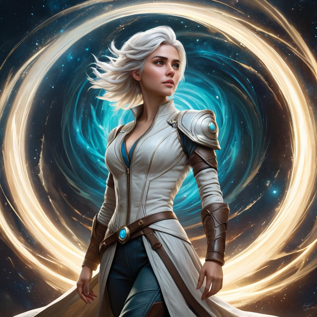 Ciri, the Lady of Time and Space, standing amidst a swirling vortex of energy, her powers on full display. Surreal, ethereal, and visually striking.