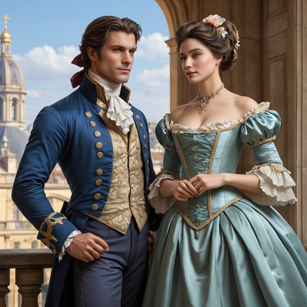 Arno Dorian's sister, Elise, as a French Revolution-era courtesan, with a lavish dress and a fan