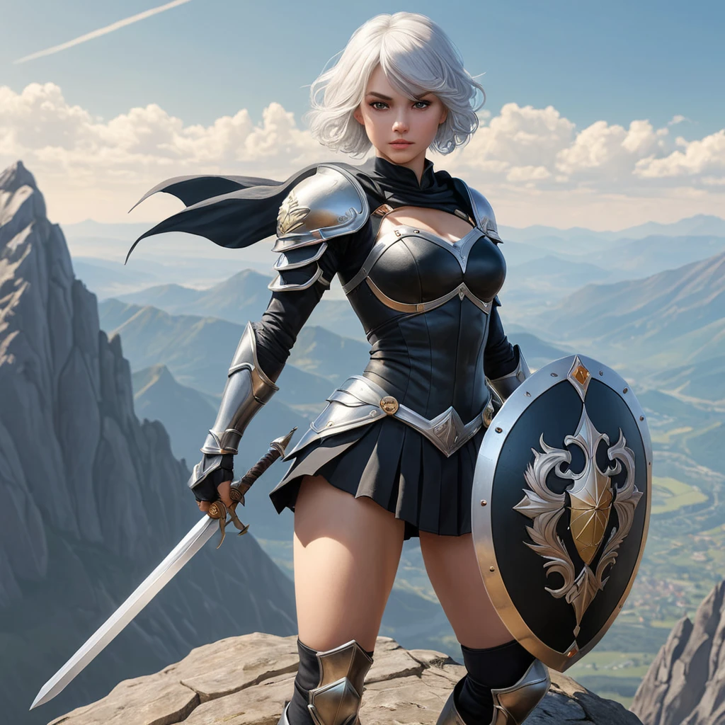 2B with a sword and shield, standing victorious on a mountain peak