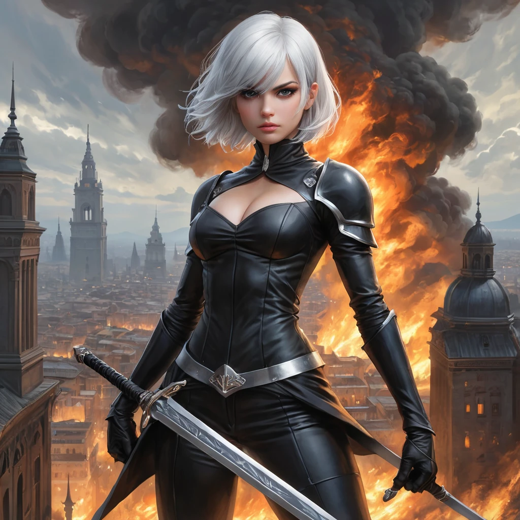 2B with a fierce gaze, standing in front of a burning cityscape with a sword raised high