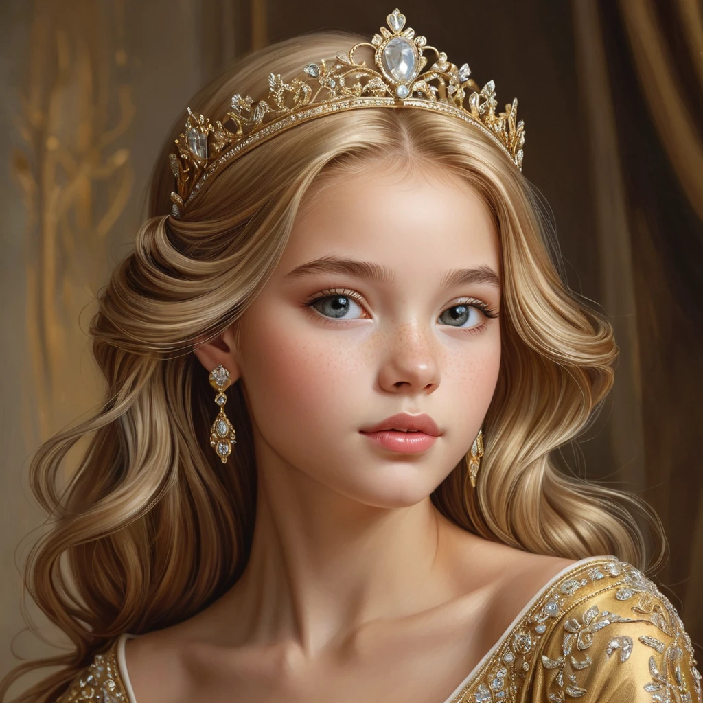 A young princess with hair the color of spun gold, her delicate features accented by a tiara of gleaming platinum, her expression a blend of wisdom and innocence as she surveys her domain.