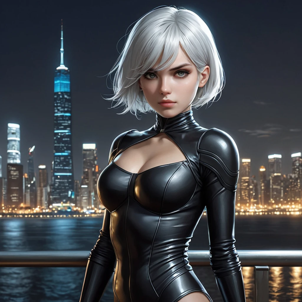 2B with a determined expression, standing in front of a city skyline at night