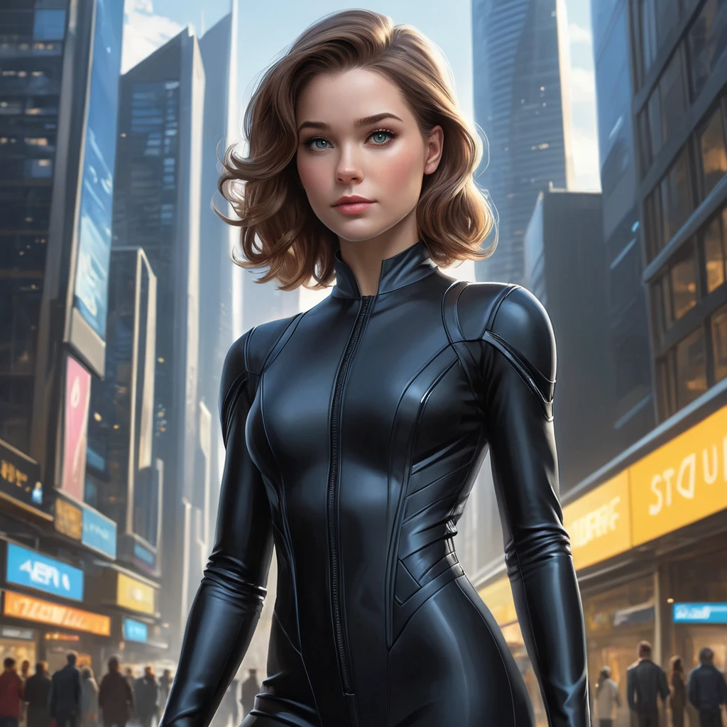 Kitty Pryde in a sleek black jumpsuit, her eyes glowing with telepathic energy, standing in a futuristic cityscape