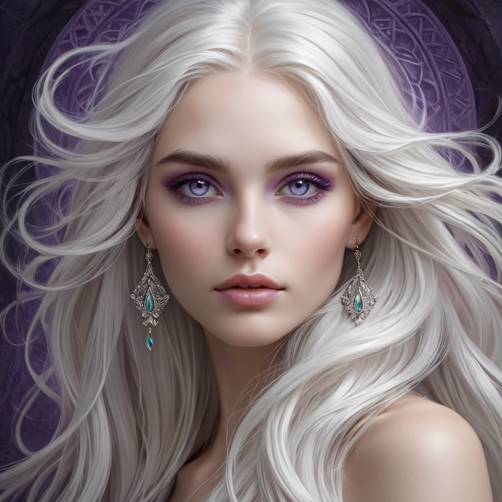 A mystical, ethereal woman with long, flowing white hair and piercing violet eyes, inspired by the ancient magic of the Continent