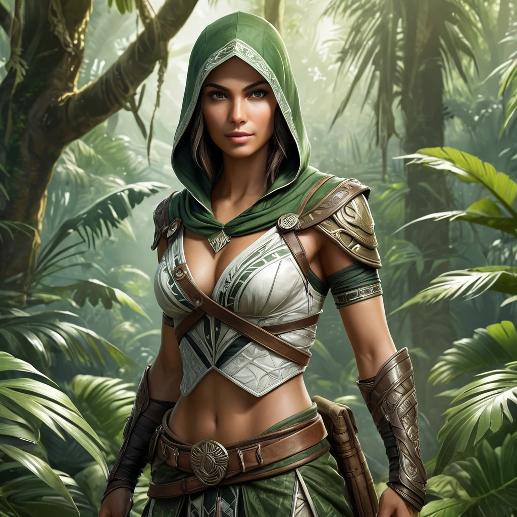 A breathtaking Assassin's Creed woman in a lush, verdant jungle environment, her attire a mix of natural camouflage and ancient tribal designs, with a hidden blade glinting in the dappled sunlight.