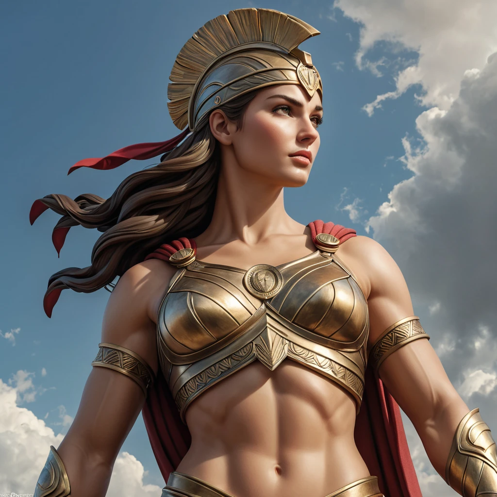 A majestic, larger-than-life statue of Kassandra, the Spartan warrior, standing tall and proud, her gaze fixed on the horizon, symbolizing the enduring legacy of her heroic deeds.