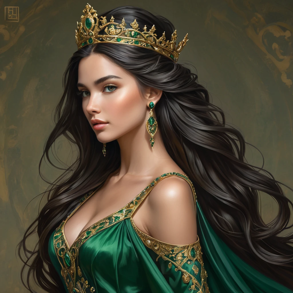 A powerful queen in a flowing gown of deep green and gold, her long dark hair cascading down her back, a crown of intricate metalwork adorning her head, her gaze commanding the respect and loyalty of all who behold her.