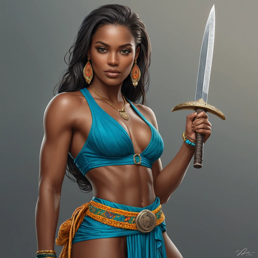 Adéwalé, the Haitian Assassin, as a beautiful woman, with a Caribbean-inspired outfit and a machete