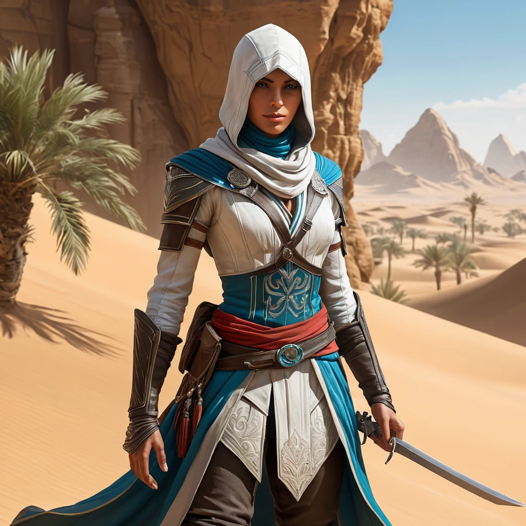 Visualize a beautiful Assassin's Creed character in a desert oasis, her attire reflecting both the nomadic styles of the region and advanced stealth technology, with a mirage shimmering in the distance.