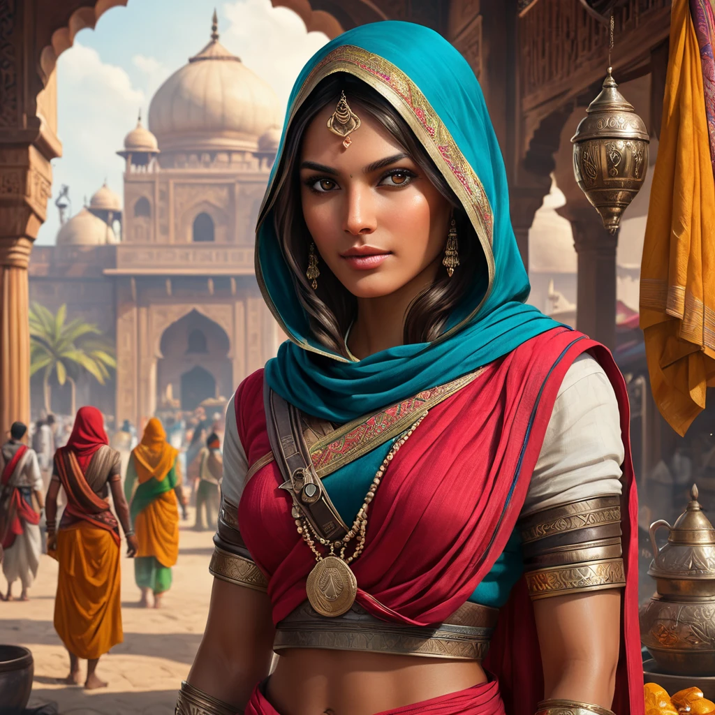 Create an image of a beautiful Assassin's Creed character in a vibrant Indian market, her clothing a colorful mix of traditional saris and hidden assassin tools, with a backdrop of bustling stalls and exotic animals.