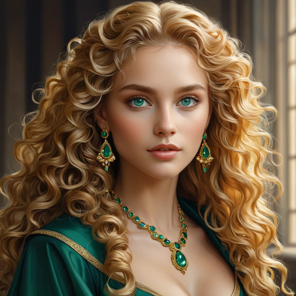 A beautiful, elegant woman with long, curly golden hair and piercing emerald eyes, inspired by the refined and cultured world of the Nilfgaardian court