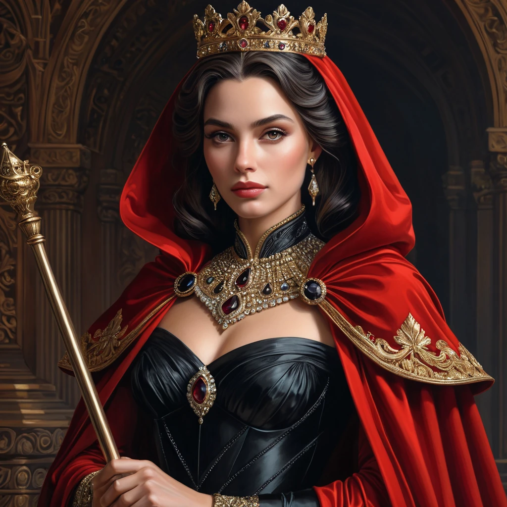 A majestic queen in a dress of deep scarlet, her shoulders draped in a cloak of shimmering black velvet, a scepter of carved ebony in her hand as she stands tall and proud, her eyes reflecting the strength and determination that has made her a formidable ruler.