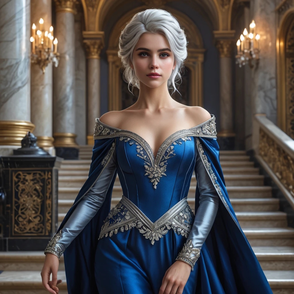 Ciri in a grand, opulent palace hall, dressed in a regal gown of deep blue and silver, her hair styled elegantly, standing before a grand staircase