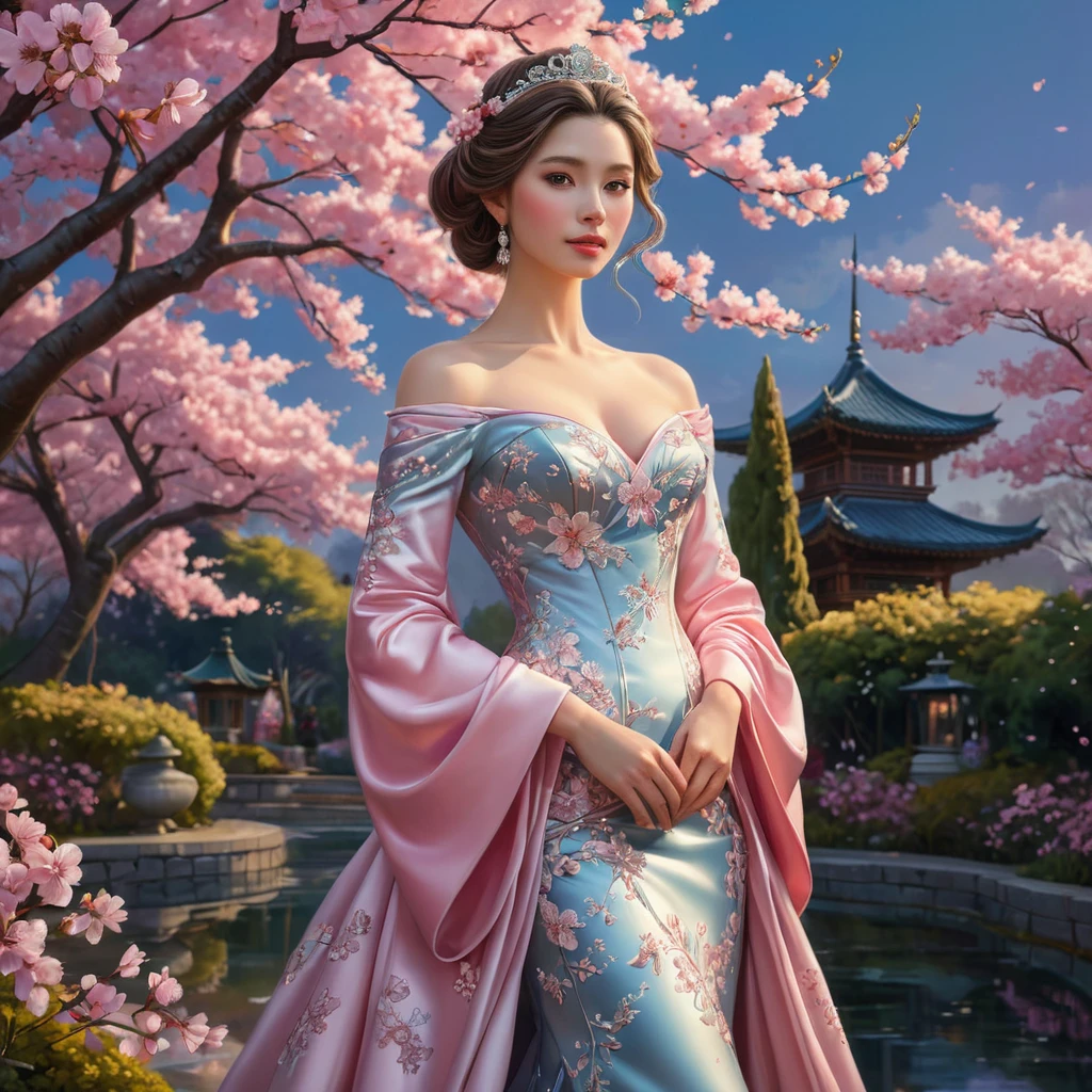 A princess with skin as smooth as porcelain, dressed in a gown of cherry blossoms, standing in a garden where the flowers bloom in vibrant colors under a twilight sky.