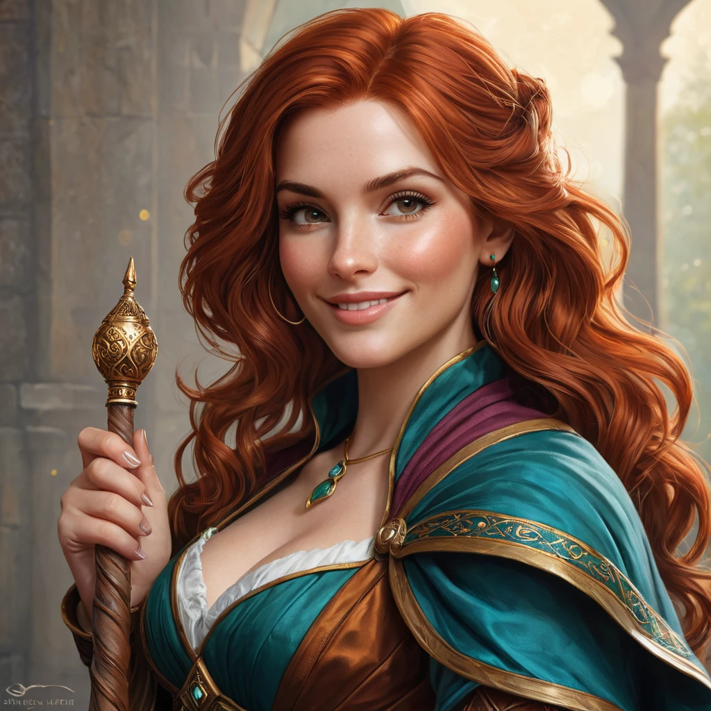 A portrait of Triss Merigold, her auburn hair cascading down her shoulders, a mischievous smile playing on her lips, holding a staff that crackles with magic