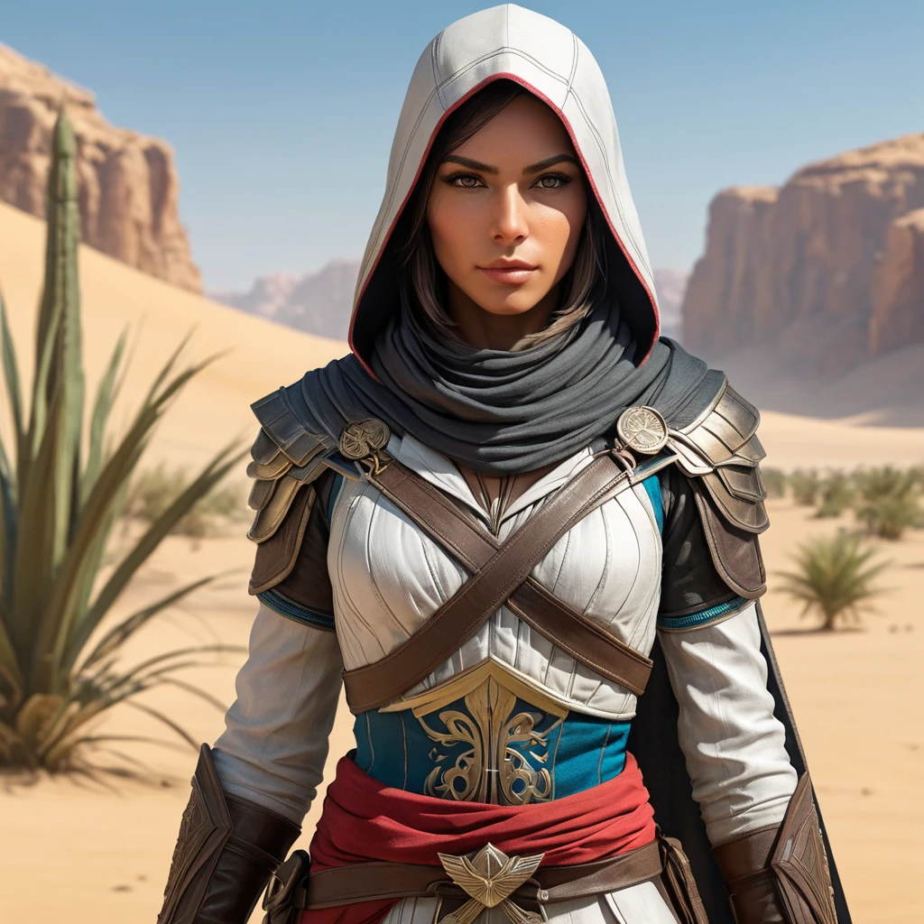 Visualize a beautiful Assassin's Creed character in a desert oasis, her attire reflecting both the nomadic styles of the region and advanced stealth technology, with a mirage shimmering in the distance.