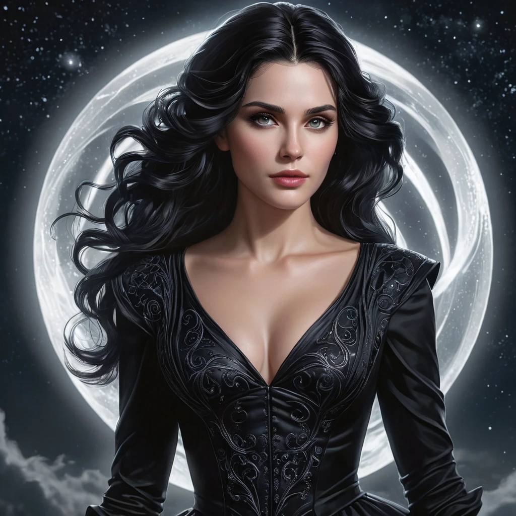 Yennefer of Vengerberg, her elegant black dress shimmering under the moonlight, her face a mixture of power and grace, surrounded by a swirling vortex of magic