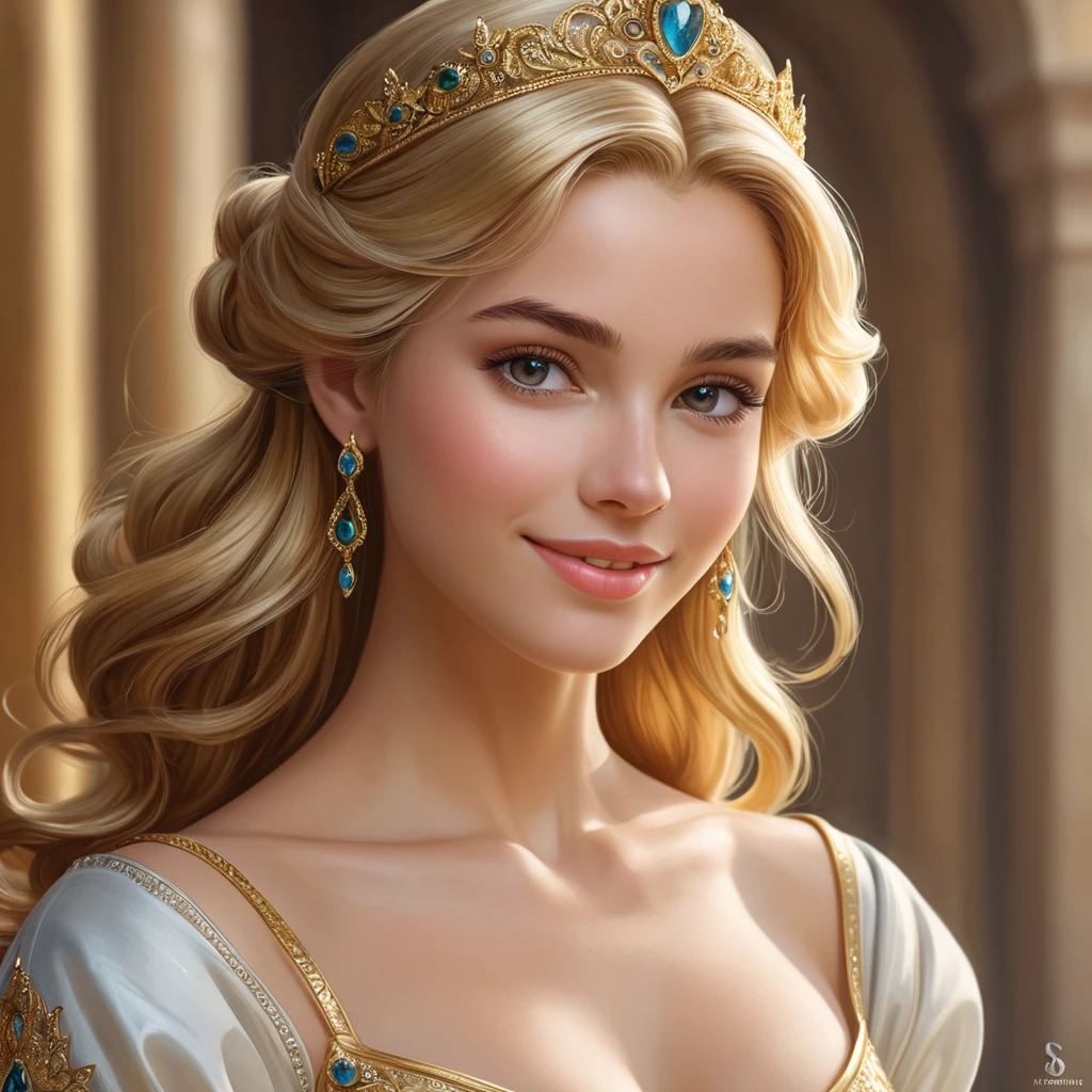 A regal, golden-haired princess, inspired by the kingdom of Cintra, with a kind face and a gentle smile