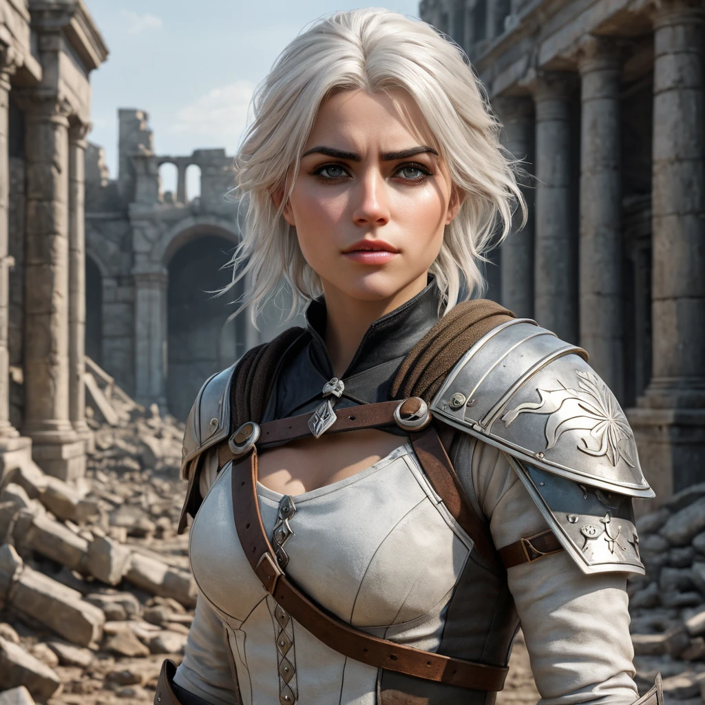 Ciri, the fierce and resilient warrior, standing tall amidst the ruins of a battlefield, her expression one of determination and strength. Gritty, realistic, and cinematic.