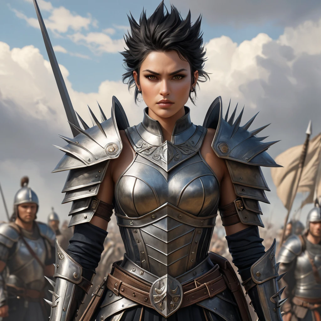 A fierce and beautiful warrior, inspired by the Nilfgaardian army, with short, spiky black hair and piercing brown eyes, standing in a battle-ready pose